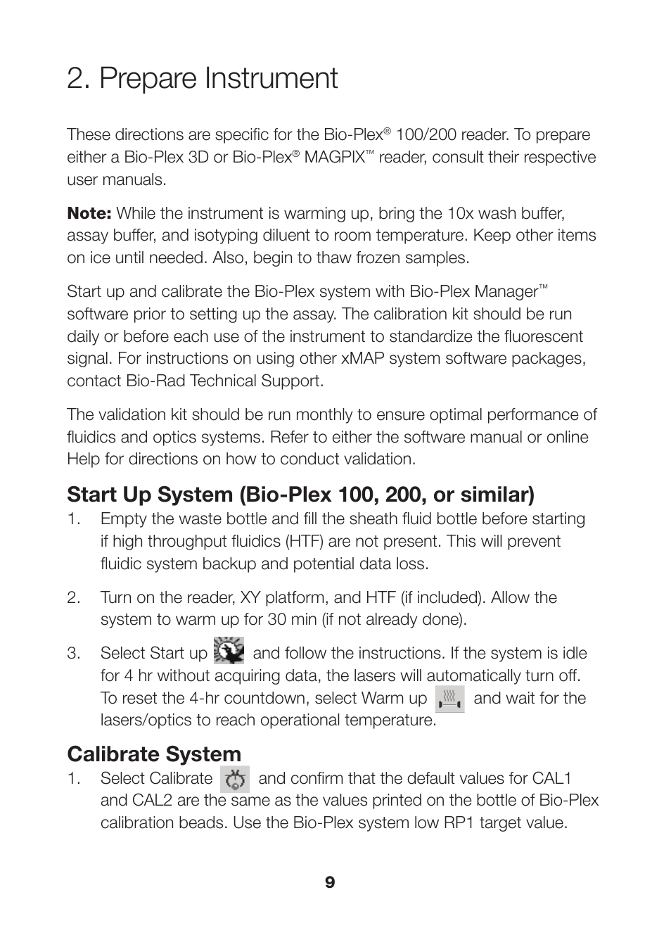 Prepare instrument, Prepare instrument 9, Calibrate system | Bio-Rad Bio-Plex Pro™ Human Isotyping Assays User Manual | Page 11 / 39