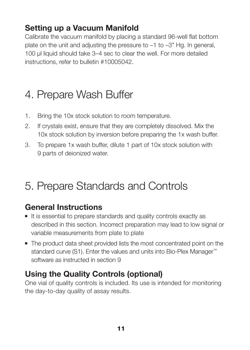Prepare wash buffer, Prepare standards and controls, Prepare wash buffer 11 | Prepare standards and controls 11, Setting up a vacuum manifold, General instructions, Using the quality controls (optional) | Bio-Rad Bio-Plex Pro™ Human Isotyping Assays User Manual | Page 13 / 39