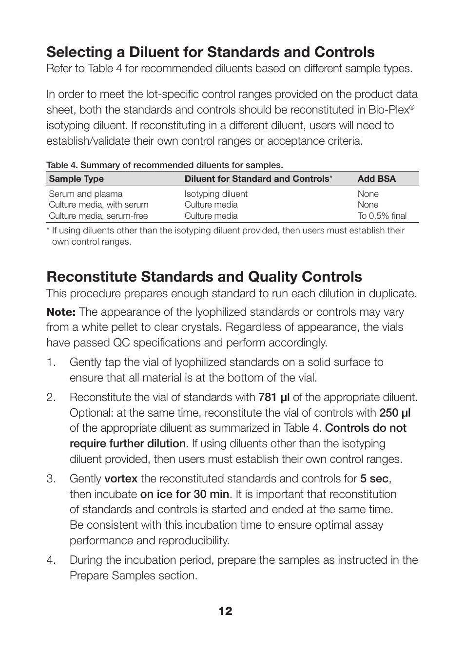Selecting a diluent for standards and controls, Reconstitute standards and quality controls | Bio-Rad Bio-Plex Pro™ Human Isotyping Assays User Manual | Page 14 / 39