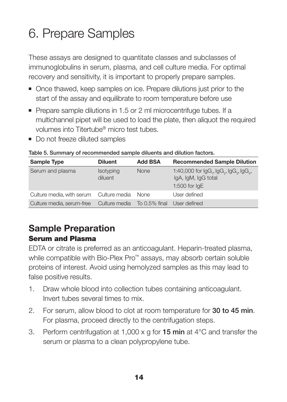 Prepare samples, Prepare samples 14, Sample preparation | Micro test tubes, Do not freeze diluted samples | Bio-Rad Bio-Plex Pro™ Human Isotyping Assays User Manual | Page 16 / 39