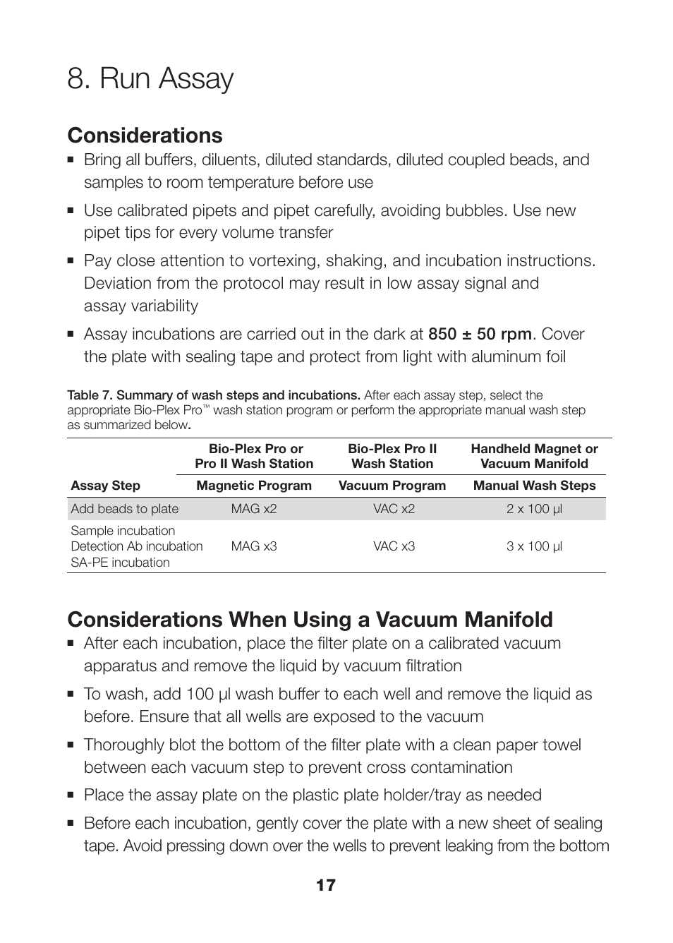 Run assay, Run assay 17, Considerations | Considerations when using a vacuum manifold | Bio-Rad Bio-Plex Pro™ Human Isotyping Assays User Manual | Page 19 / 39