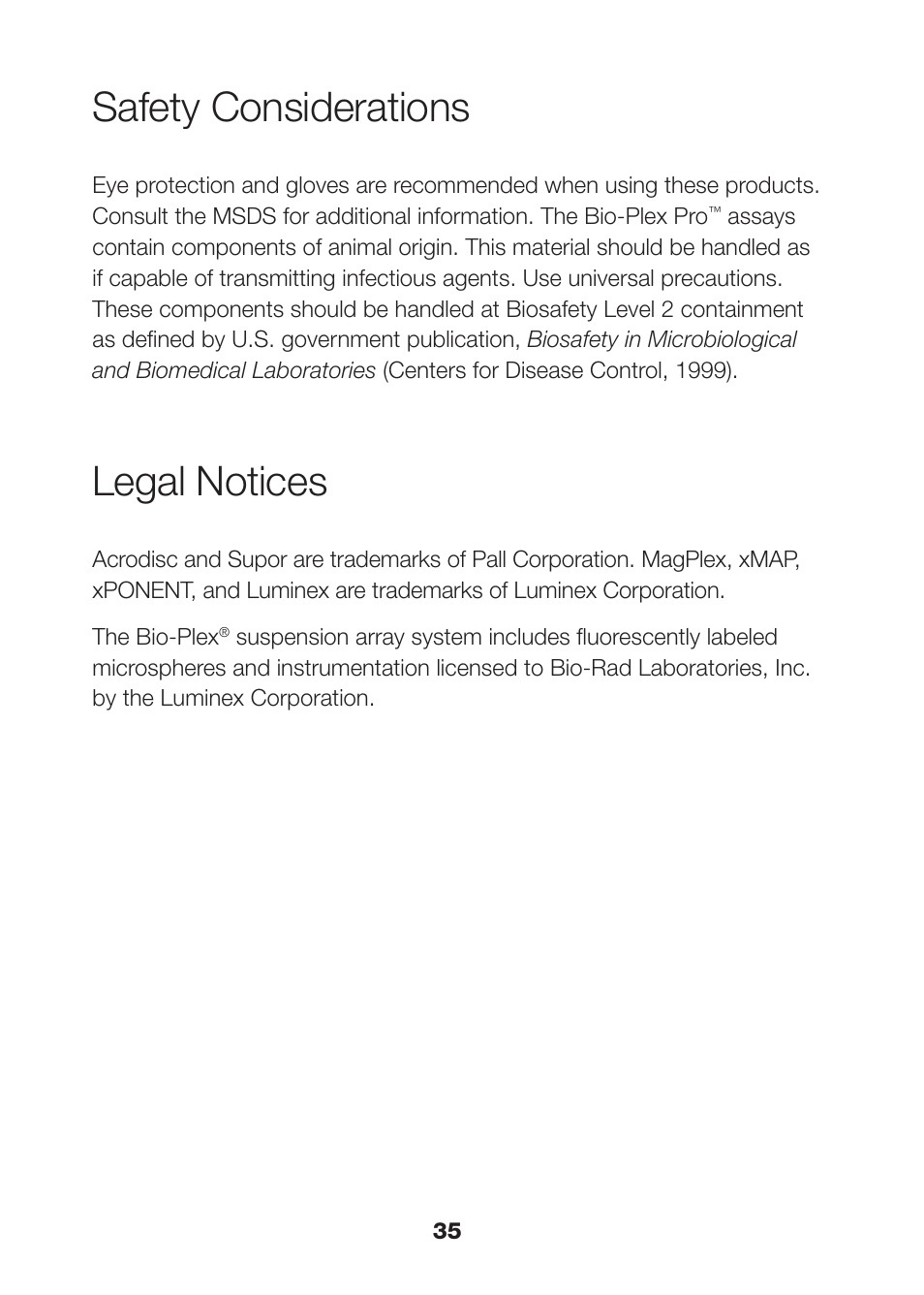 Safety considerations, Legal notices | Bio-Rad Bio-Plex Pro™ Human Isotyping Assays User Manual | Page 37 / 39