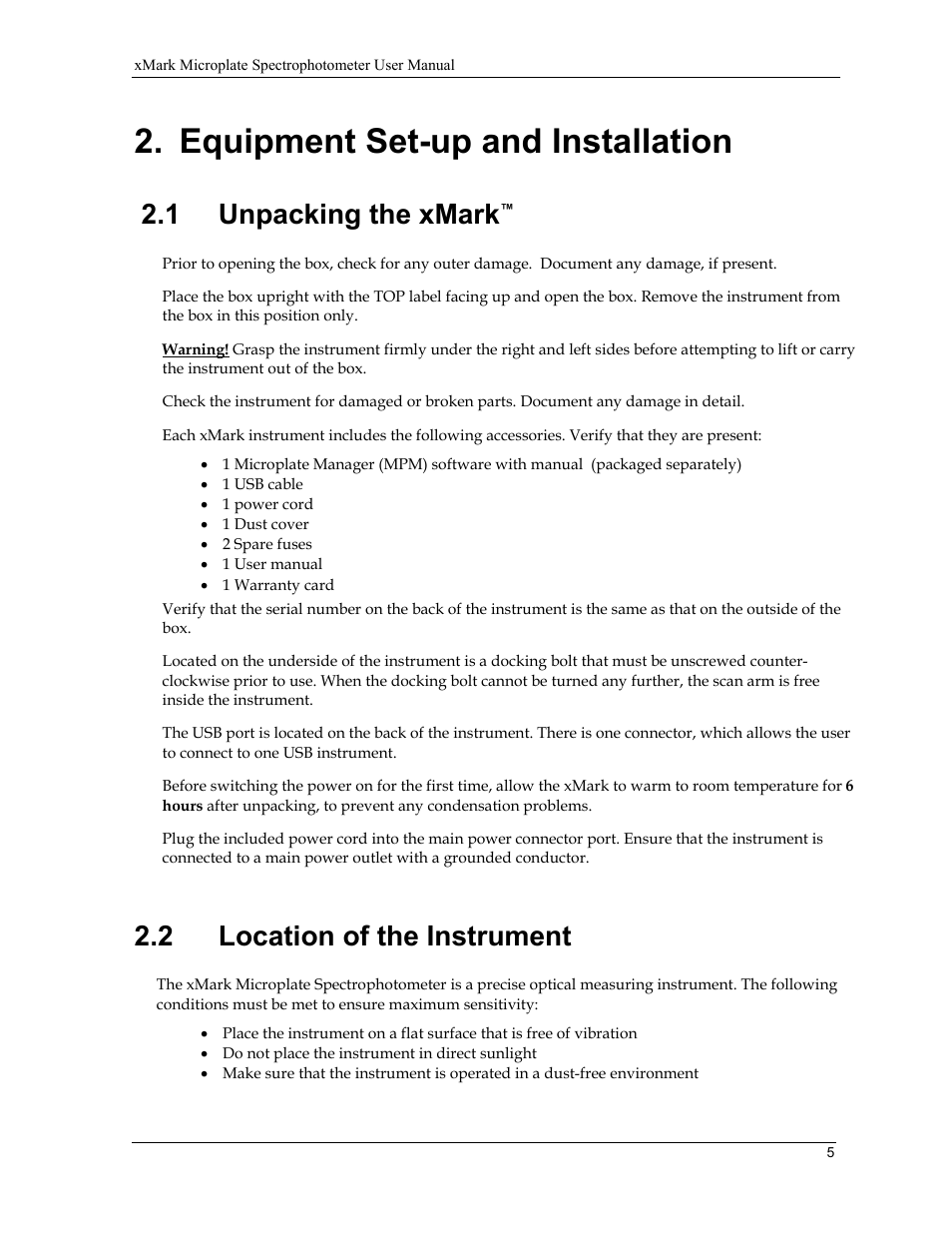 Equipment set-up and installation, 1 unpacking the xmark, 2 location of the instrument | Bio-Rad xMark™ Microplate Absorbance Spectrophotometer User Manual | Page 13 / 20