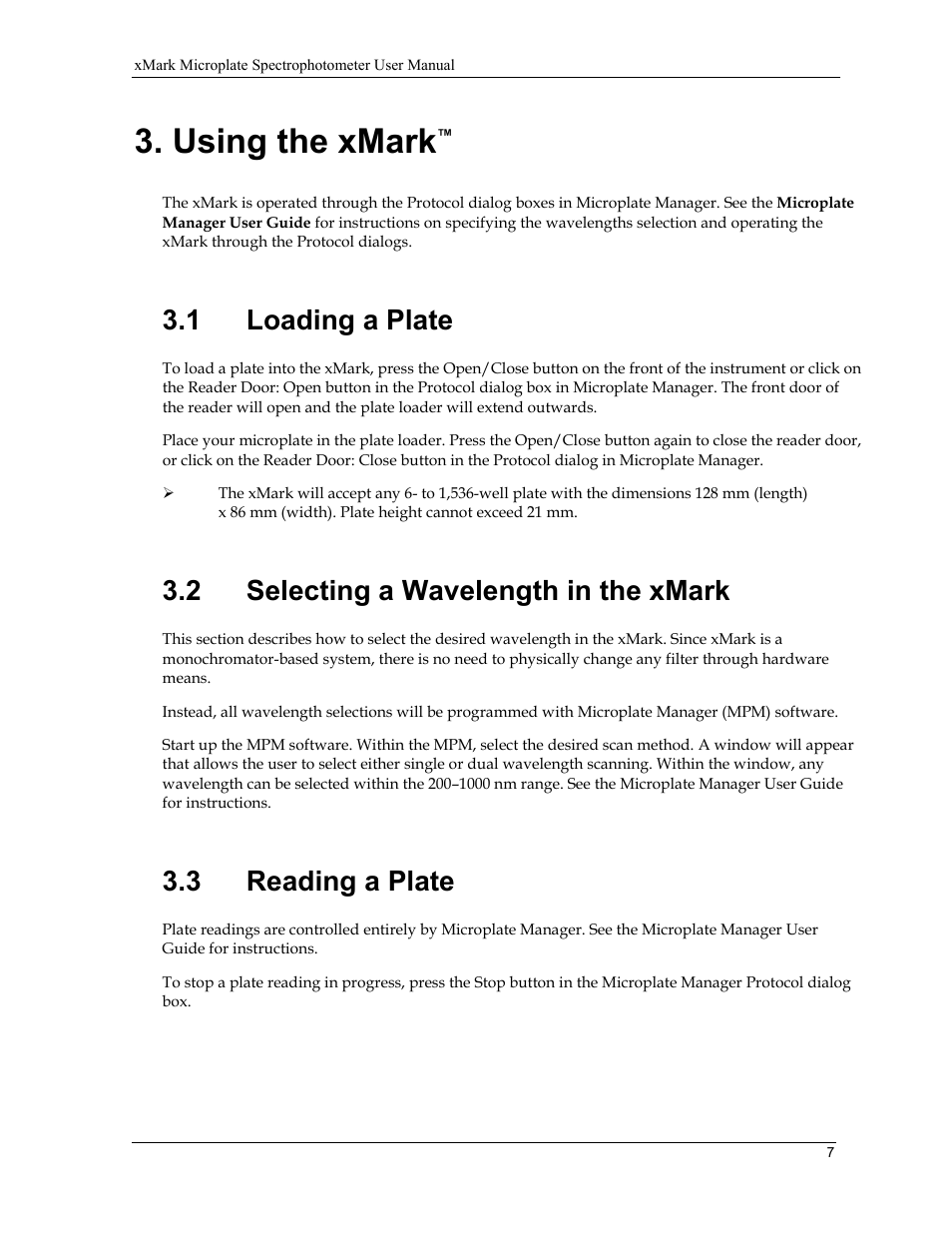 Using the xmark, 1 loading a plate, 2 selecting a wavelength in the xmark | 3 reading a plate | Bio-Rad xMark™ Microplate Absorbance Spectrophotometer User Manual | Page 15 / 20