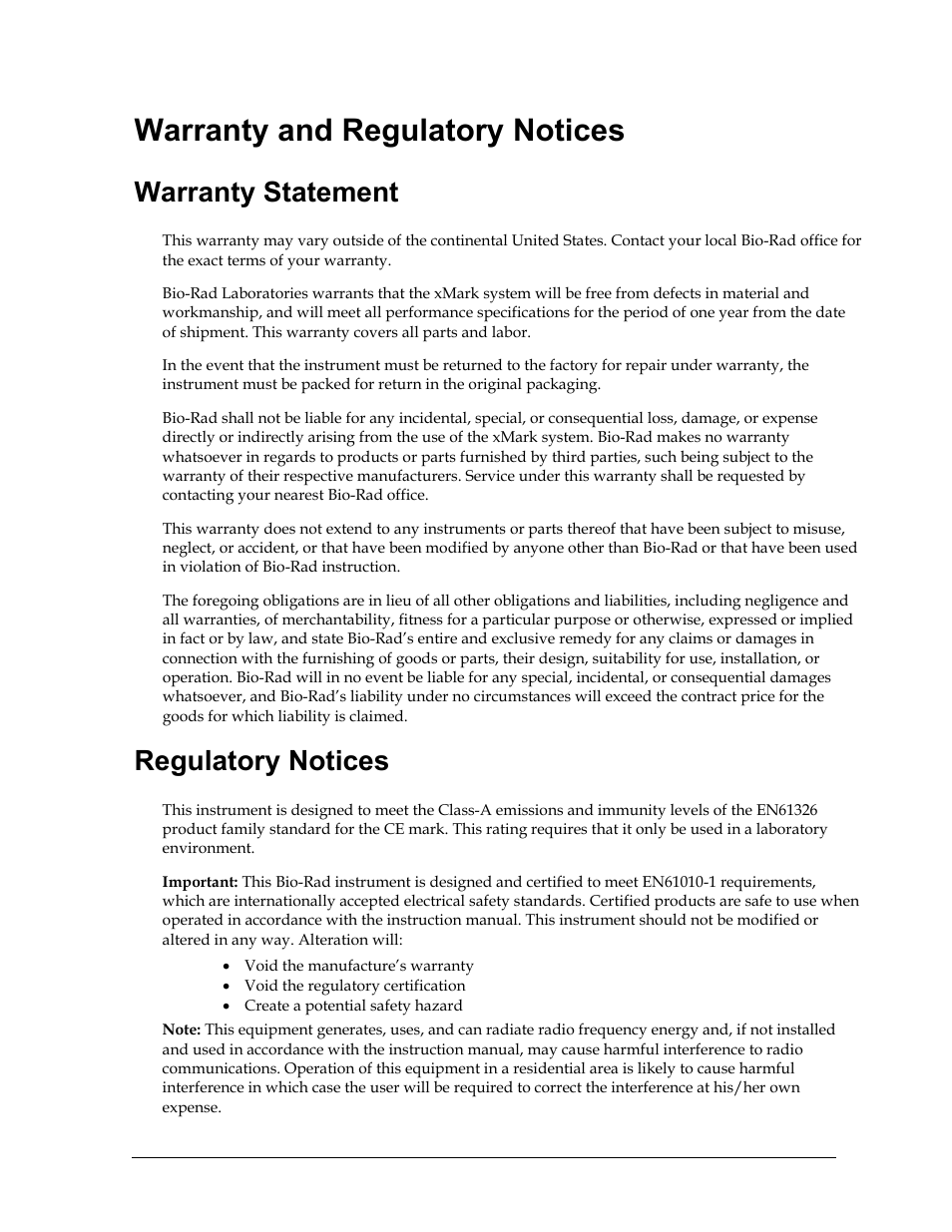 Warranty and regulatory notices, Warranty statement, Regulatory notices | Bio-Rad xMark™ Microplate Absorbance Spectrophotometer User Manual | Page 5 / 20