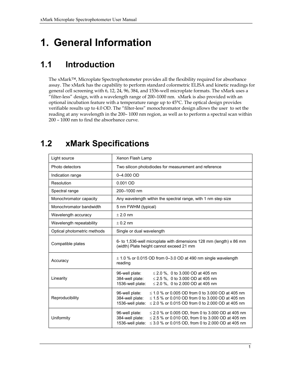 General information, 1 introduction, 2 xmark specifications | Bio-Rad xMark™ Microplate Absorbance Spectrophotometer User Manual | Page 9 / 20