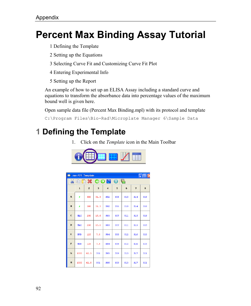 Percent max binding assay tutorial, 1 defining the template, 1defining the template | Bio-Rad Microplate Manager Software User Manual | Page 100 / 112