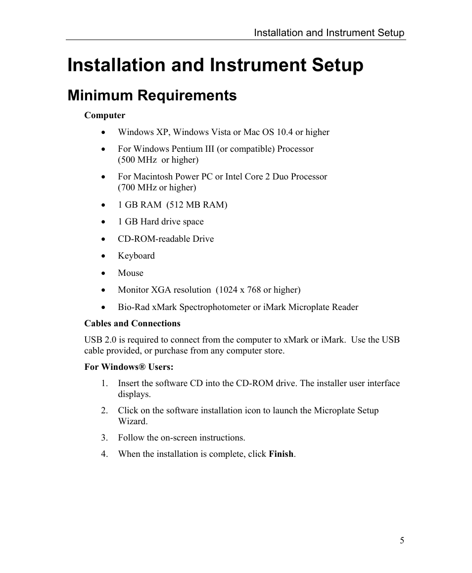 Installation and instrument setup, Minimum requirements | Bio-Rad Microplate Manager Software User Manual | Page 13 / 112