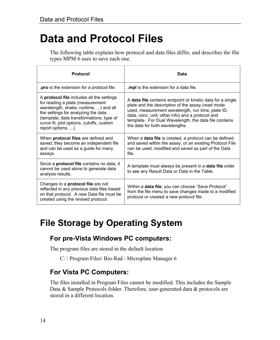 Data and protocol files, File storage by operating system, For pre-vista windows pc computers | For vista pc computers | Bio-Rad Microplate Manager Software User Manual | Page 22 / 112