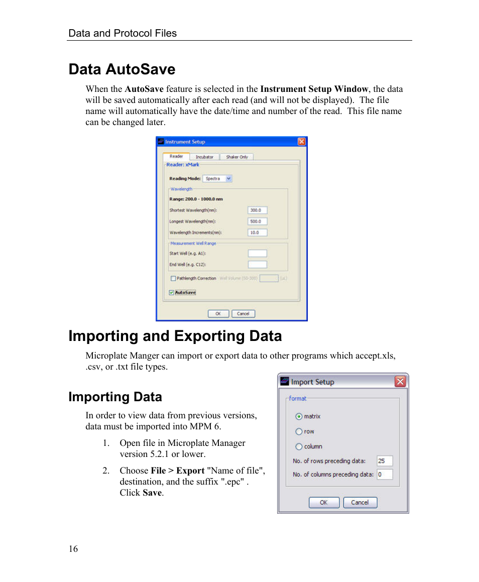 Data autosave, Importing and exporting data, Importing data | Bio-Rad Microplate Manager Software User Manual | Page 24 / 112