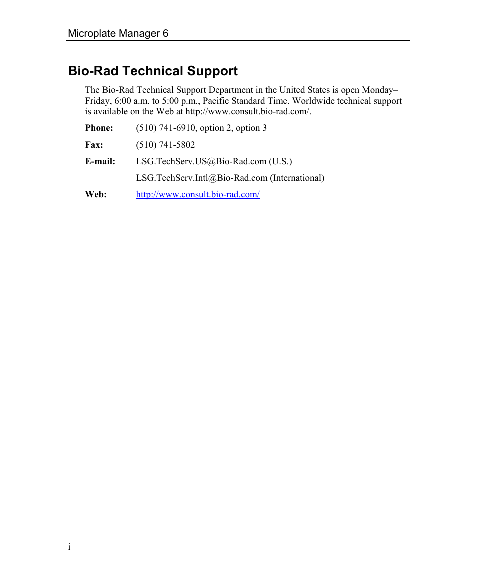 Bio-rad technical support | Bio-Rad Microplate Manager Software User Manual | Page 3 / 112