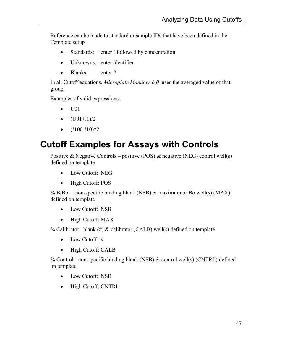 Cutoff examples for assays with controls | Bio-Rad Microplate Manager Software User Manual | Page 55 / 112