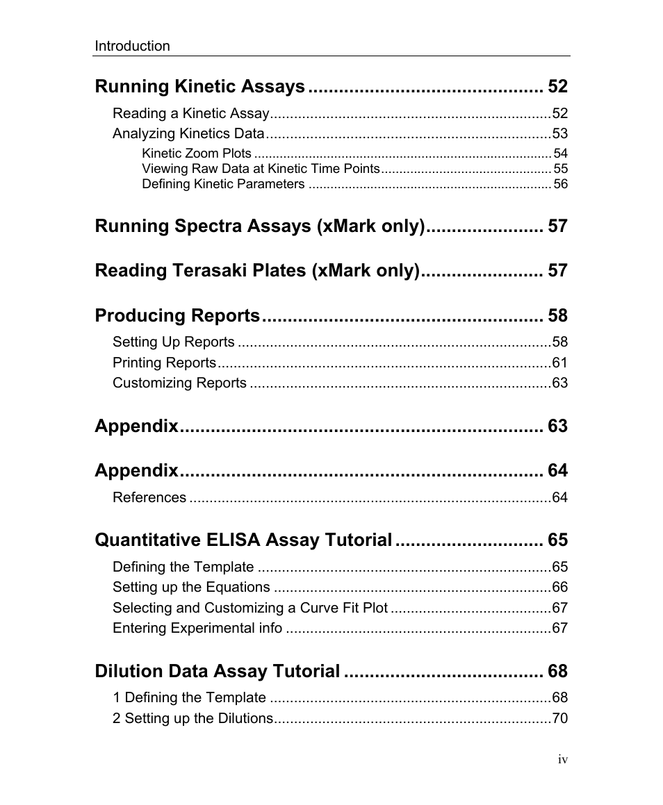 Running kinetic assays, Running spectra assays (xmark only), Reading terasaki plates (xmark only) | Producing reports, Appendix, Quantitative elisa assay tutorial, Dilution data assay tutorial | Bio-Rad Microplate Manager Software User Manual | Page 6 / 112