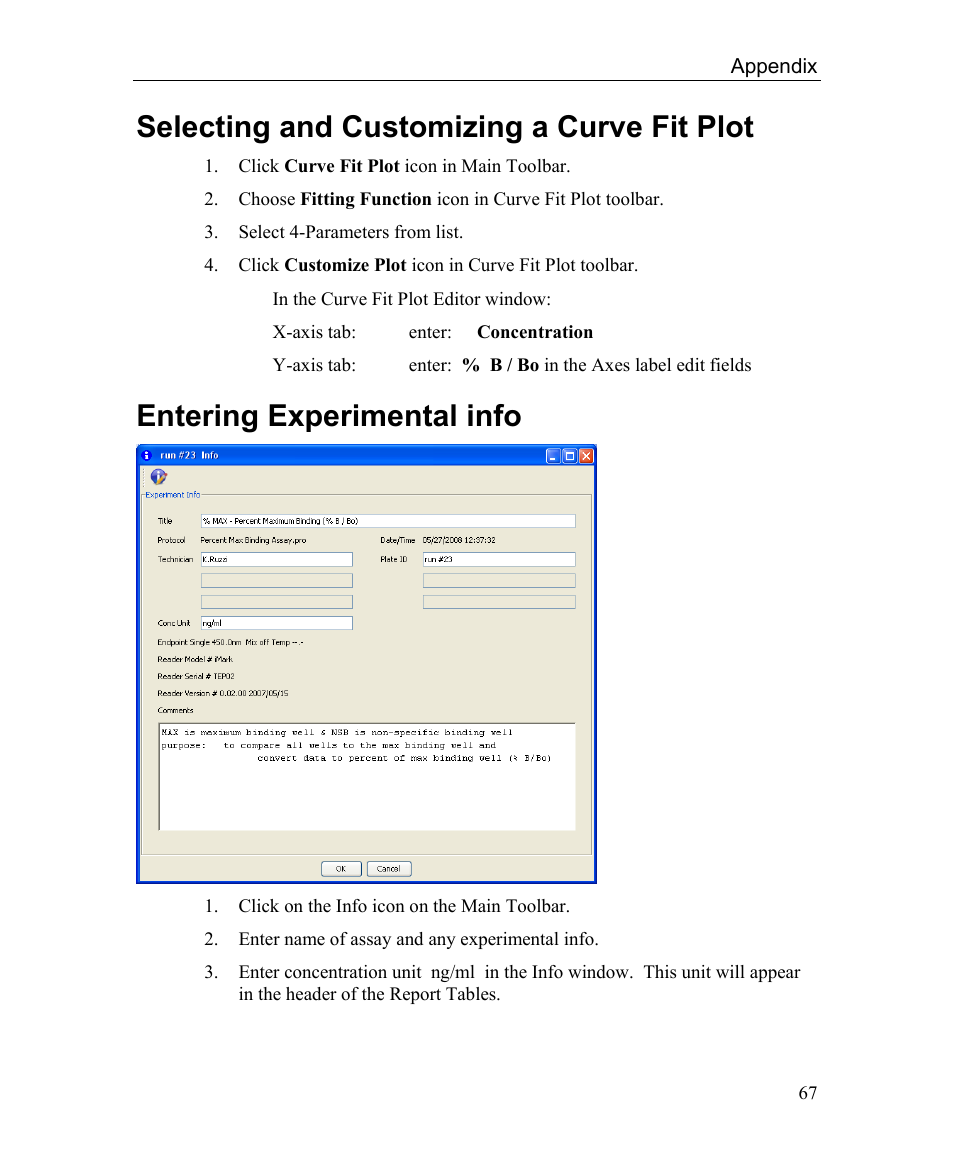 Entering experimental info, Selecting and customizing a curve fit plot | Bio-Rad Microplate Manager Software User Manual | Page 75 / 112