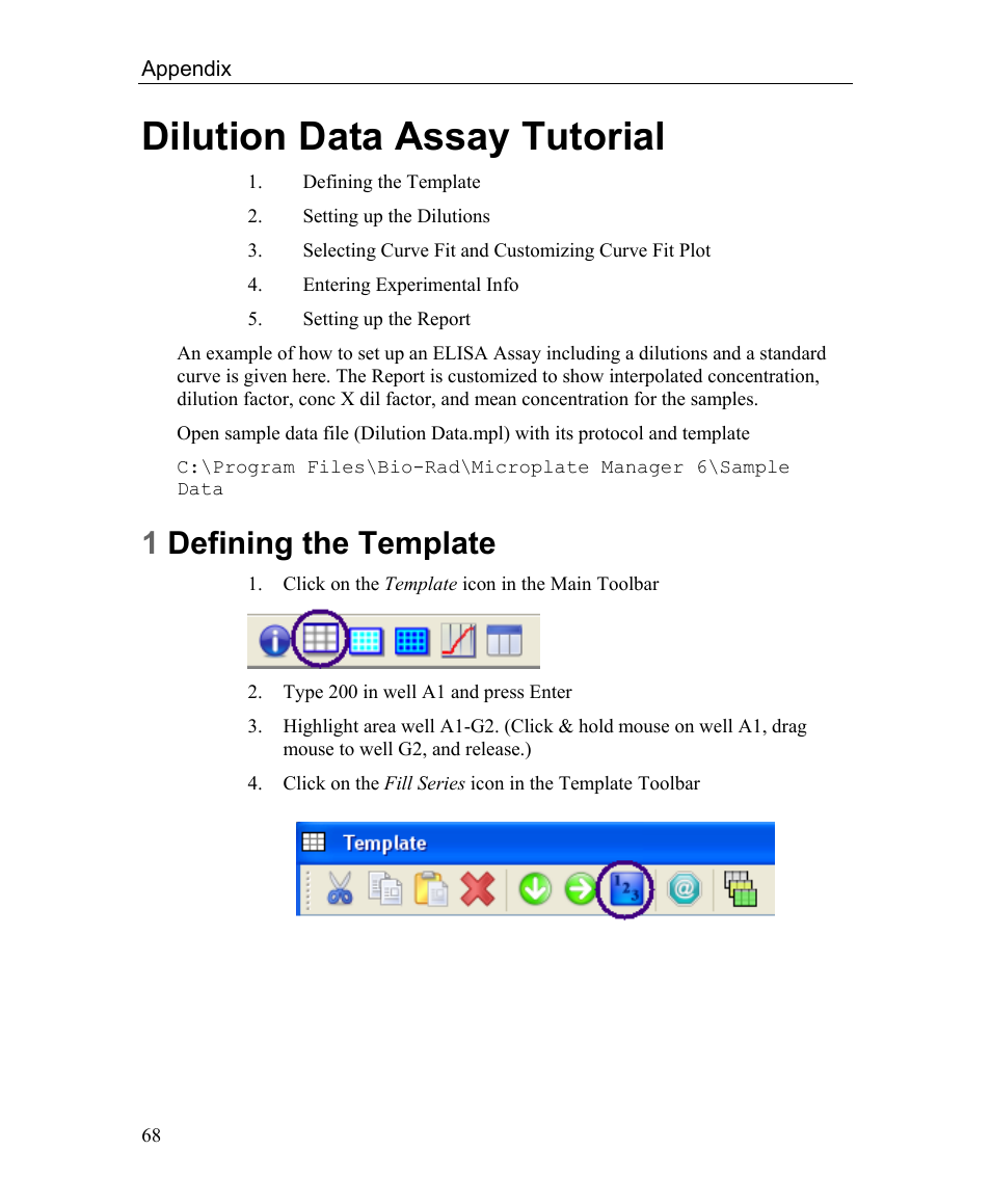 Dilution data assay tutorial, 1 defining the template, 1defining the template | Bio-Rad Microplate Manager Software User Manual | Page 76 / 112
