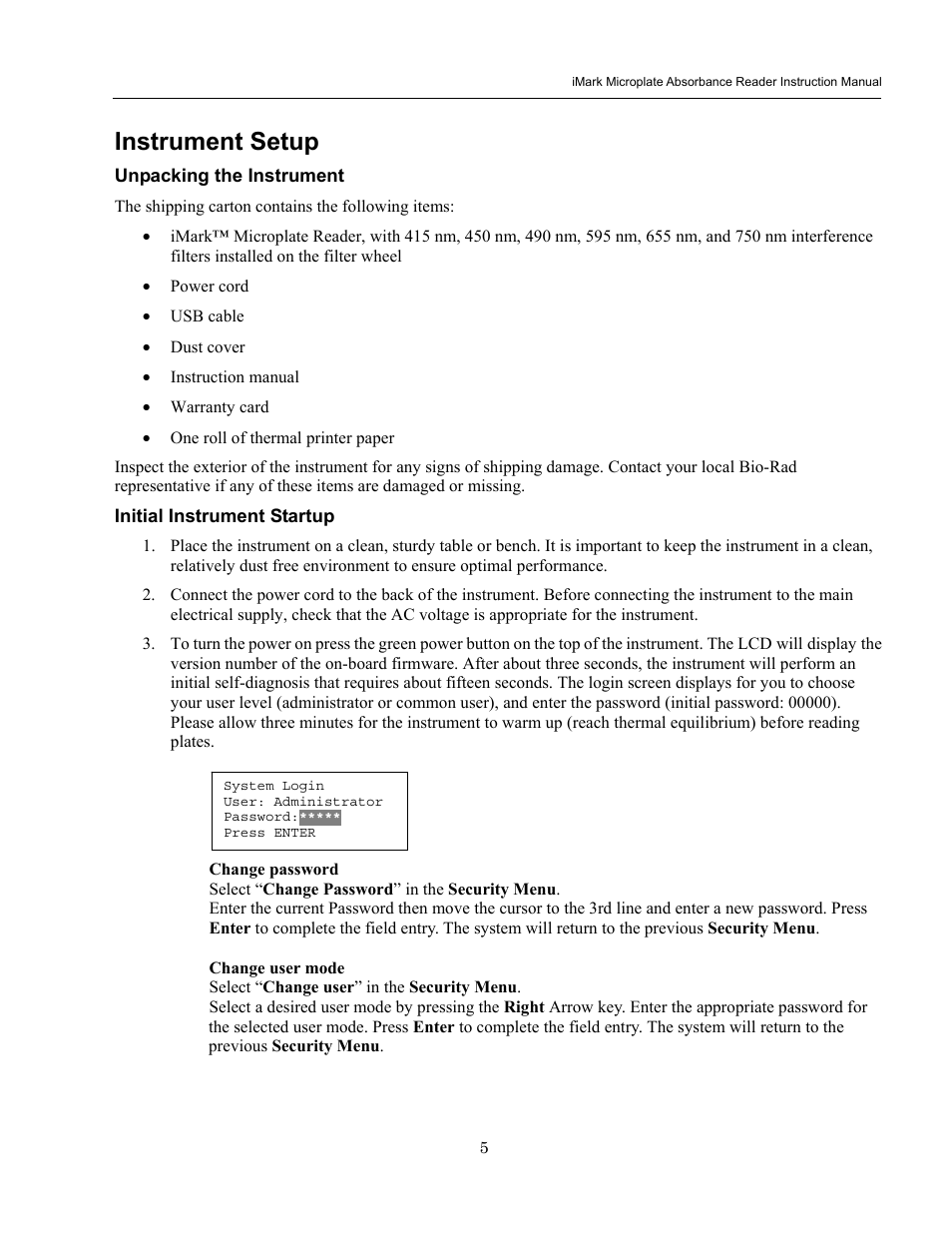 Instrument setup, Unpacking the instrument, Initial instrument startup | Bio-Rad iMark Microplate Absorbance Reader User Manual | Page 11 / 48