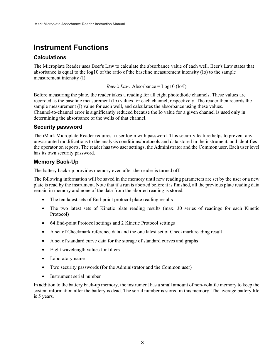 Instrument functions, Calculations, Security password | Memory back-up | Bio-Rad iMark Microplate Absorbance Reader User Manual | Page 14 / 48