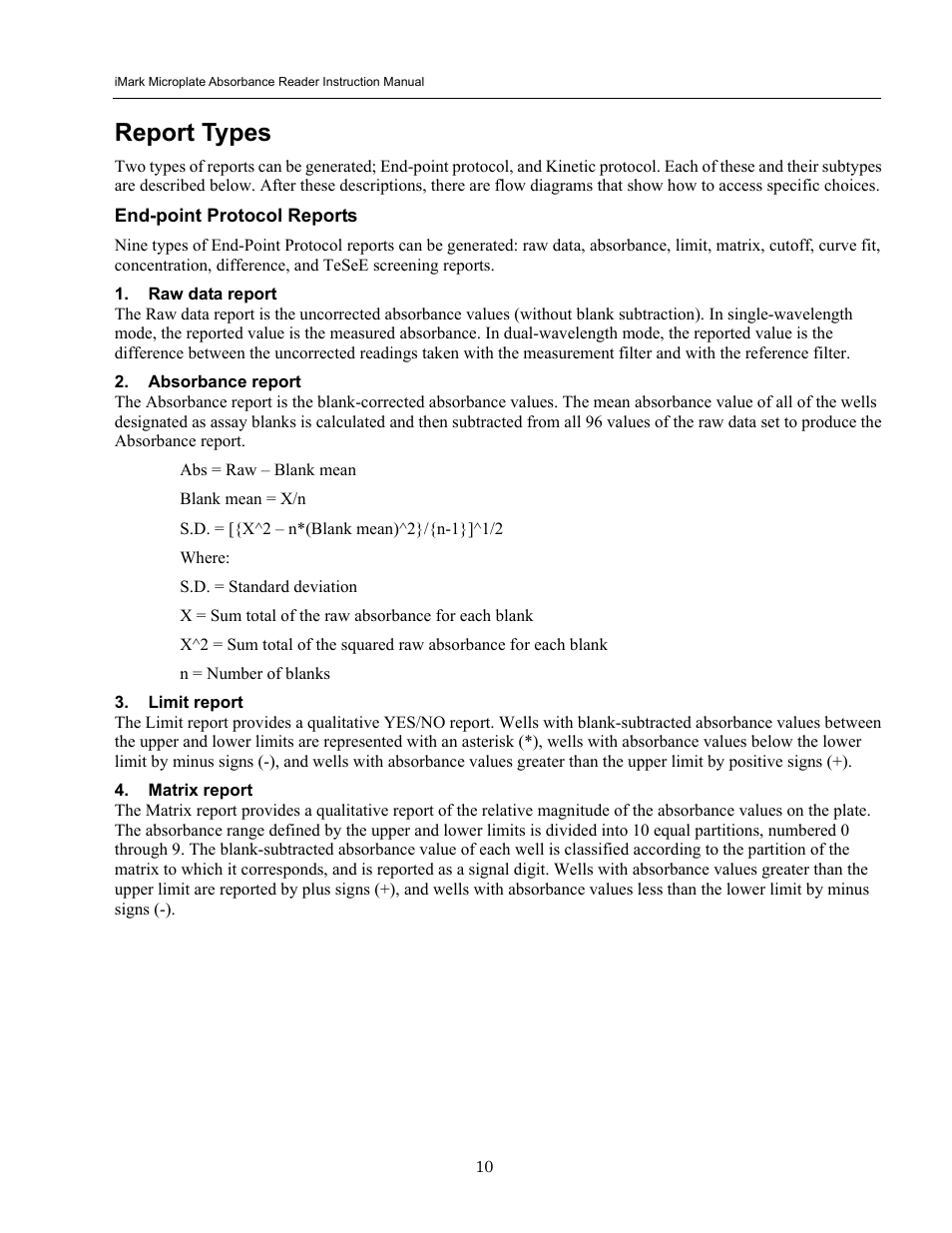 Report types, End-point protocol reports, Raw data report | Absorbance, Report, Limit, Matrix | Bio-Rad iMark Microplate Absorbance Reader User Manual | Page 16 / 48