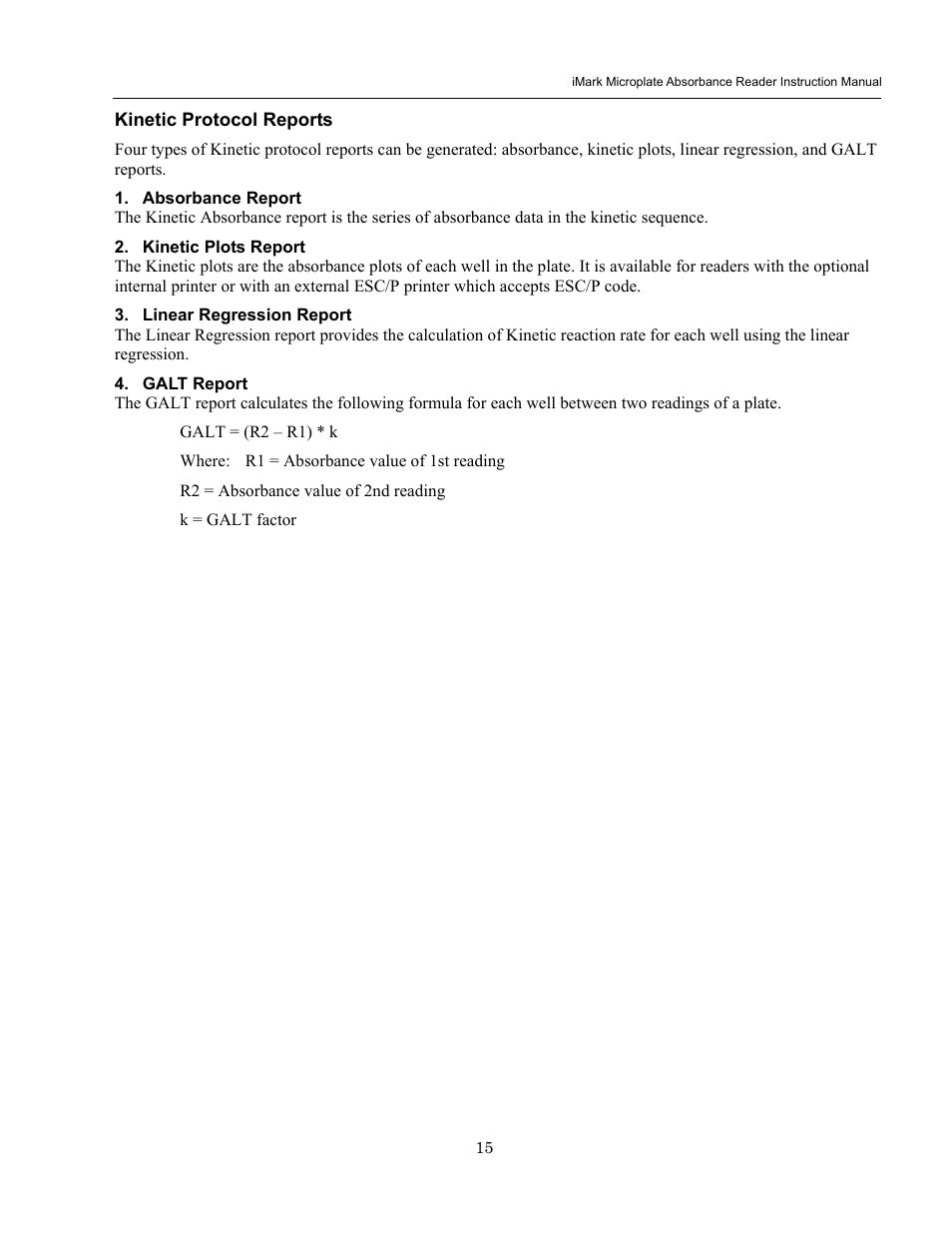 Kinetic protocol reports, Absorbance, Report | Kinetic plots report, Linear regression report, Galt | Bio-Rad iMark Microplate Absorbance Reader User Manual | Page 21 / 48