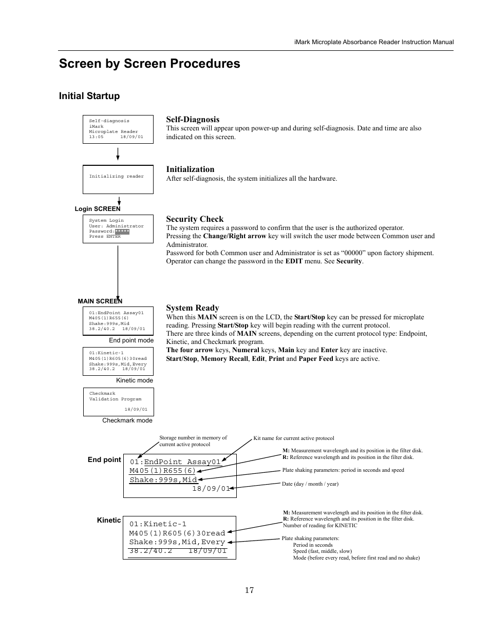 Screen by screen procedures, Initial startup, Self-diagnosis | Initialization, Security check, System ready | Bio-Rad iMark Microplate Absorbance Reader User Manual | Page 23 / 48