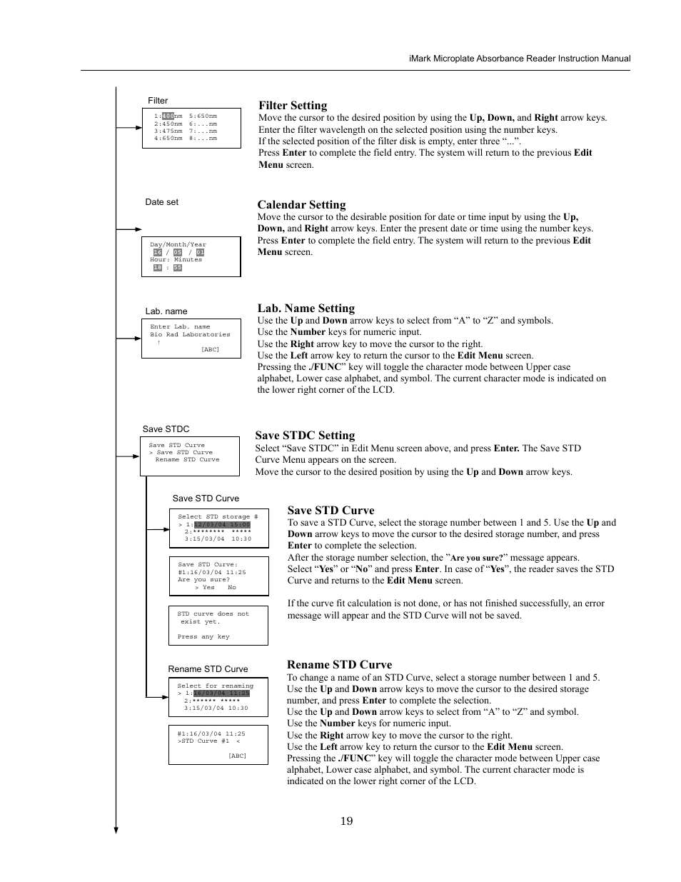 Filter setting, Calendar setting, Lab. name setting | Save stdc setting, Save std curve, Rename std curve | Bio-Rad iMark Microplate Absorbance Reader User Manual | Page 25 / 48