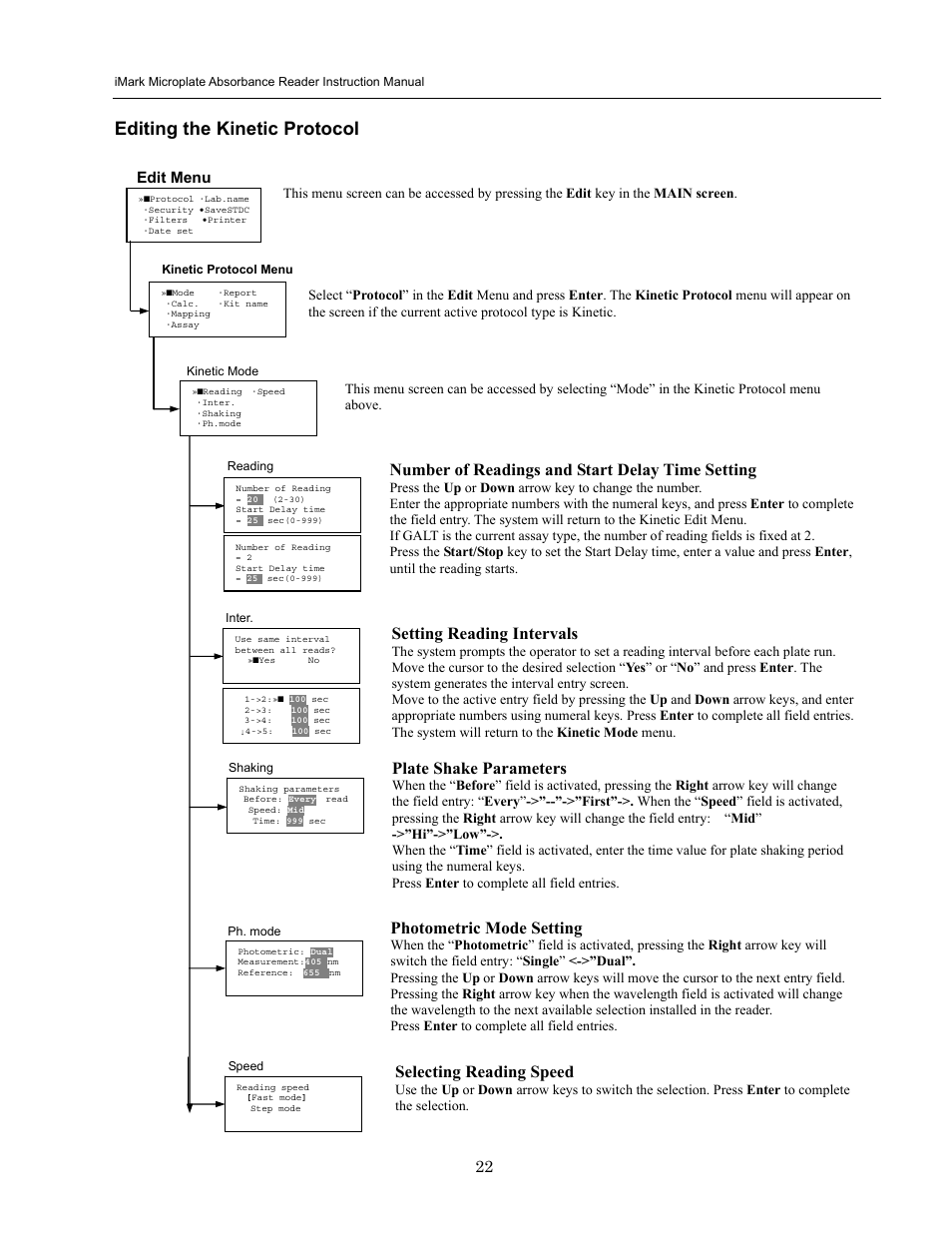 Editing the kinetic protocol, Number of readings and start delay time setting, Setting reading intervals | Photometric mode setting, Plate shake parameters, Selecting reading speed | Bio-Rad iMark Microplate Absorbance Reader User Manual | Page 28 / 48