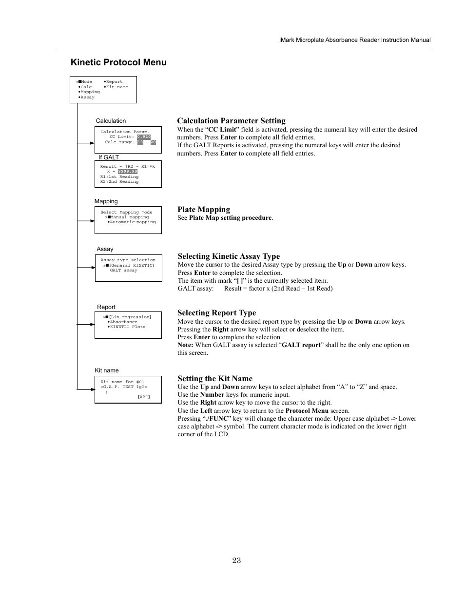 Kinetic protocol menu, Plate mapping, Setting the kit name | Selecting kinetic assay type, Selecting report type, Calculation parameter setting | Bio-Rad iMark Microplate Absorbance Reader User Manual | Page 29 / 48