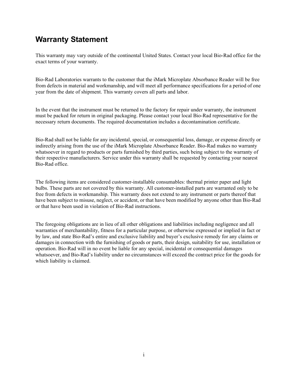 Warranty statement | Bio-Rad iMark Microplate Absorbance Reader User Manual | Page 3 / 48