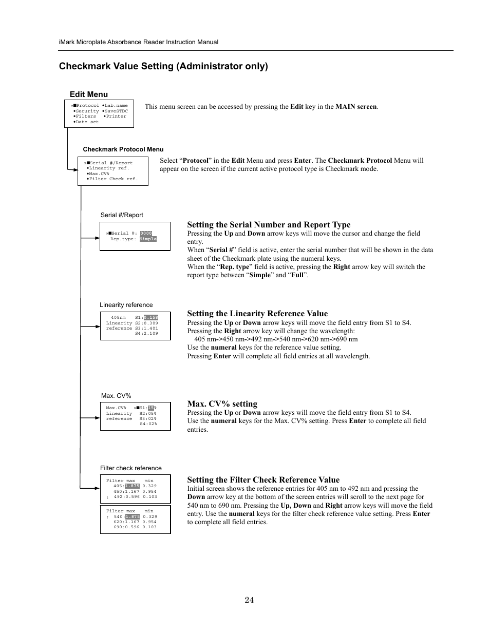 Checkmark value setting (administrator only), Setting the serial number and report type, Setting the linearity reference value | Max. cv% setting, Setting the filter check reference value | Bio-Rad iMark Microplate Absorbance Reader User Manual | Page 30 / 48