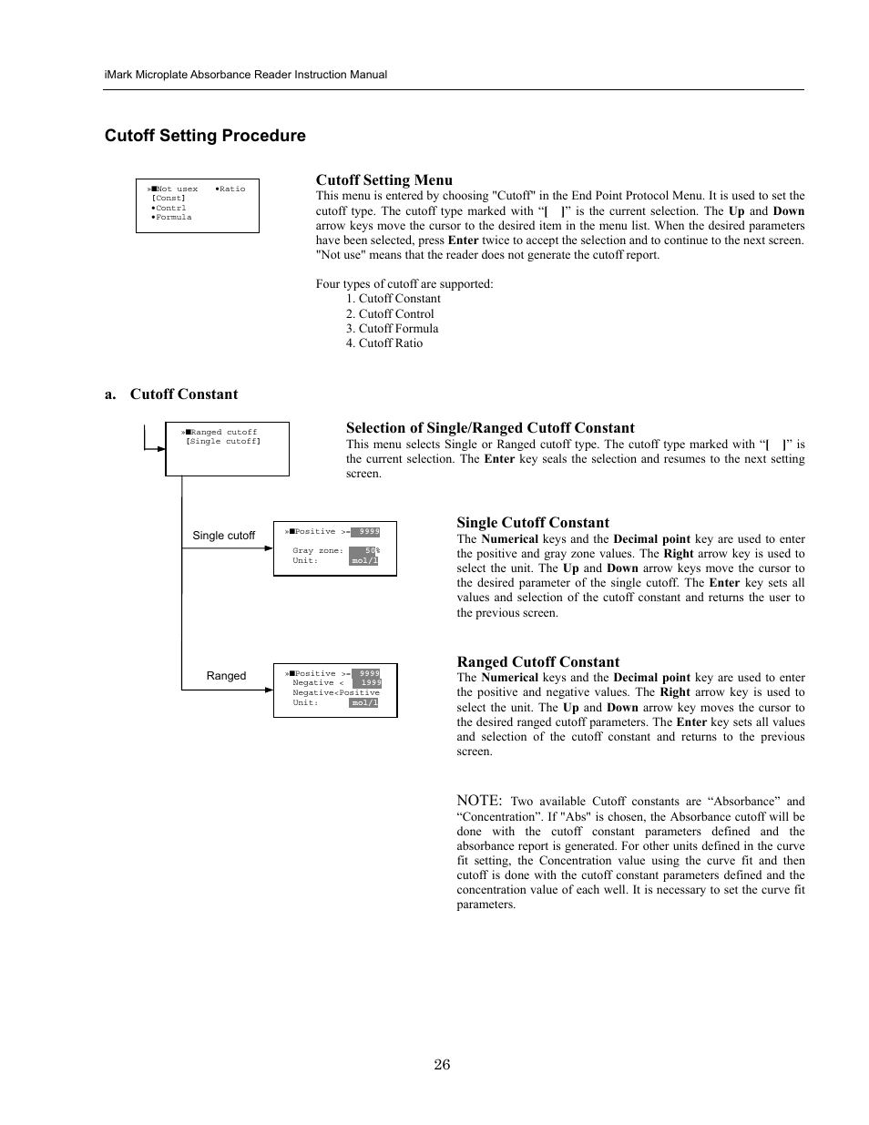 Cutoff setting procedure, Cutoff setting menu, A. cutoff constant | Selection of single/ranged cutoff constant, Single cutoff constant, Ranged cutoff constant | Bio-Rad iMark Microplate Absorbance Reader User Manual | Page 32 / 48