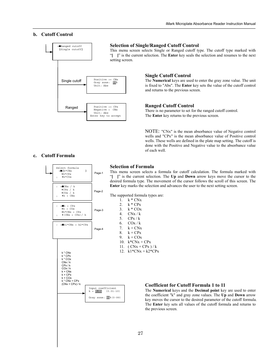 B. cutoff control, Selection of single/ranged cutoff control, Single cutoff control | Ranged cutoff control, C. cutoff formula, Selection of formula, Coefficient for cutoff formula 1 to 11 | Bio-Rad iMark Microplate Absorbance Reader User Manual | Page 33 / 48