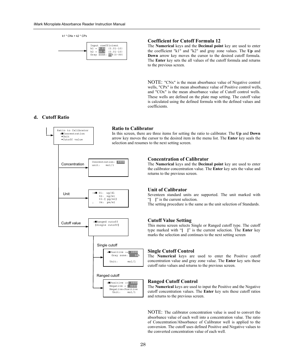 Coefficient for cutoff formula 12, D. cutoff ratio, Ratio to calibrator | Concentration of calibrator, Unit of calibrator, Cutoff value setting, Single cutoff control, Ranged cutoff control | Bio-Rad iMark Microplate Absorbance Reader User Manual | Page 34 / 48