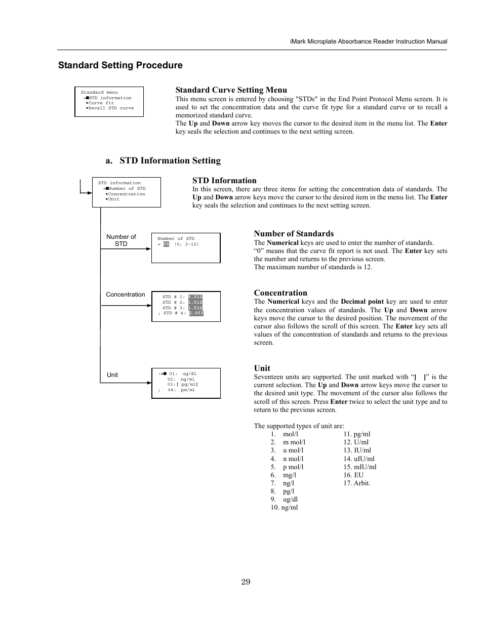 Standard setting procedure, 29 f, A. std information setting | Standard curve setting menu, Std information, Number of standards, Concentration, Unit | Bio-Rad iMark Microplate Absorbance Reader User Manual | Page 35 / 48