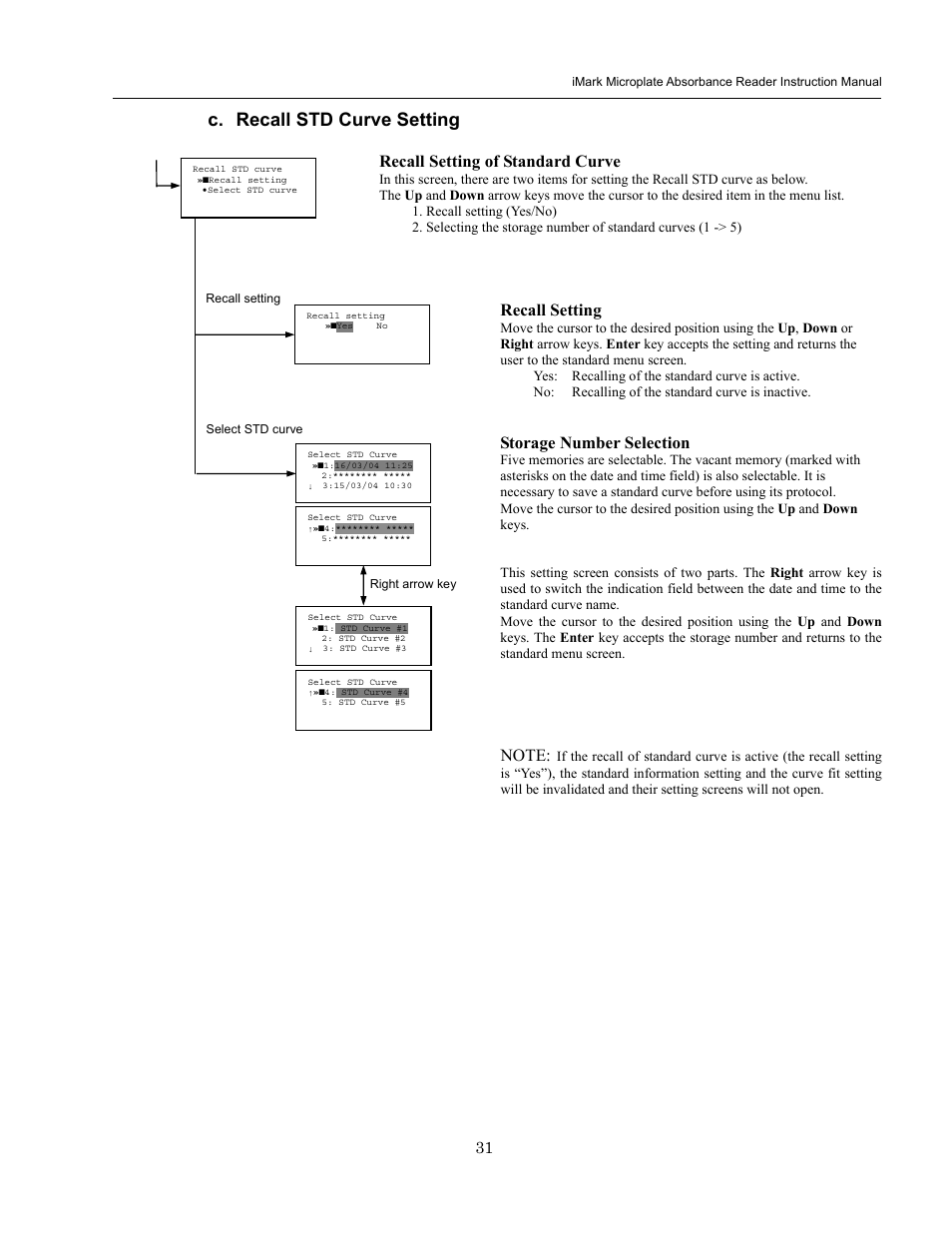 C. recall std curve setting, Recall setting of standard curve, Recall setting | Storage number selection | Bio-Rad iMark Microplate Absorbance Reader User Manual | Page 37 / 48