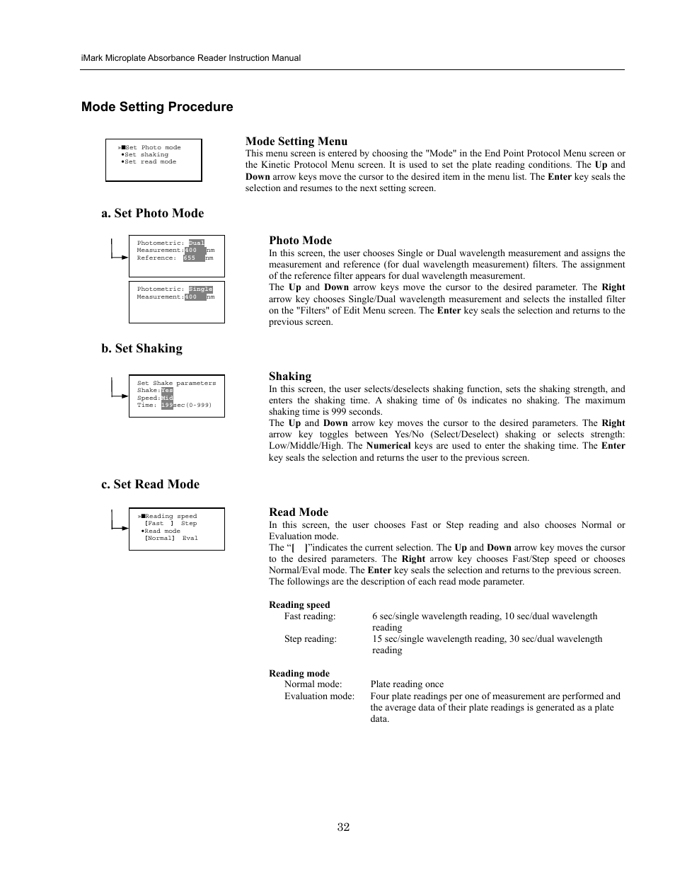 Mode setting procedure, A. set photo mode, B. set shaking | C. set read mode, Mode setting menu, Photo mode, Shaking, Read mode | Bio-Rad iMark Microplate Absorbance Reader User Manual | Page 38 / 48