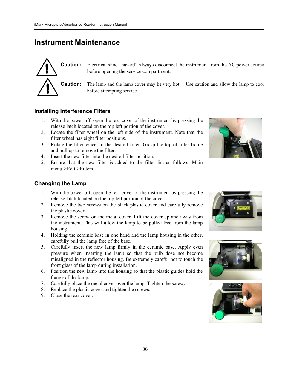 Instrument maintenance, Installing interference filters, Changing the lamp | Bio-Rad iMark Microplate Absorbance Reader User Manual | Page 42 / 48