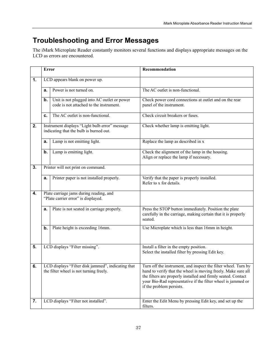 Troubleshooting and error messages | Bio-Rad iMark Microplate Absorbance Reader User Manual | Page 43 / 48