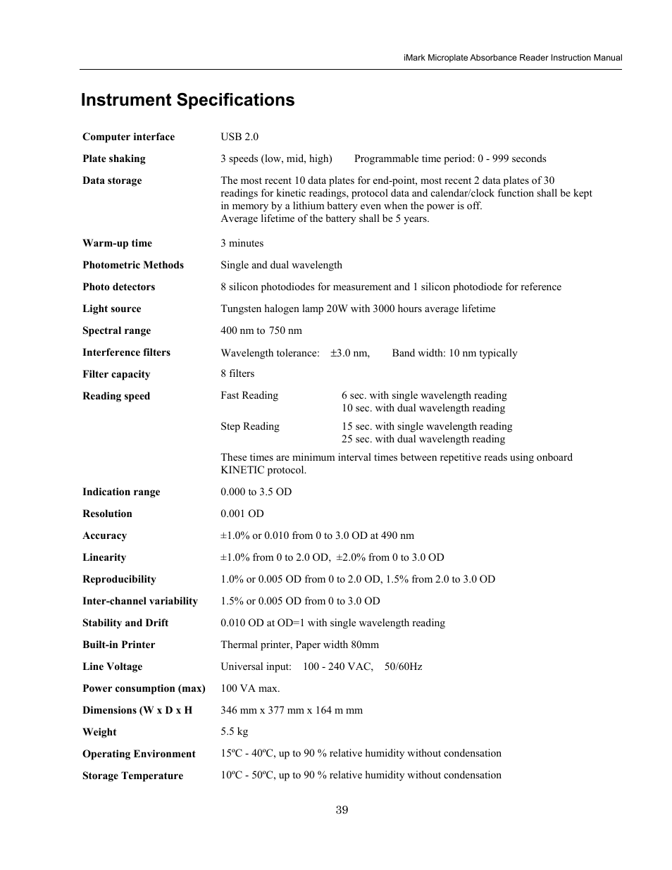 Instrument specifications | Bio-Rad iMark Microplate Absorbance Reader User Manual | Page 45 / 48