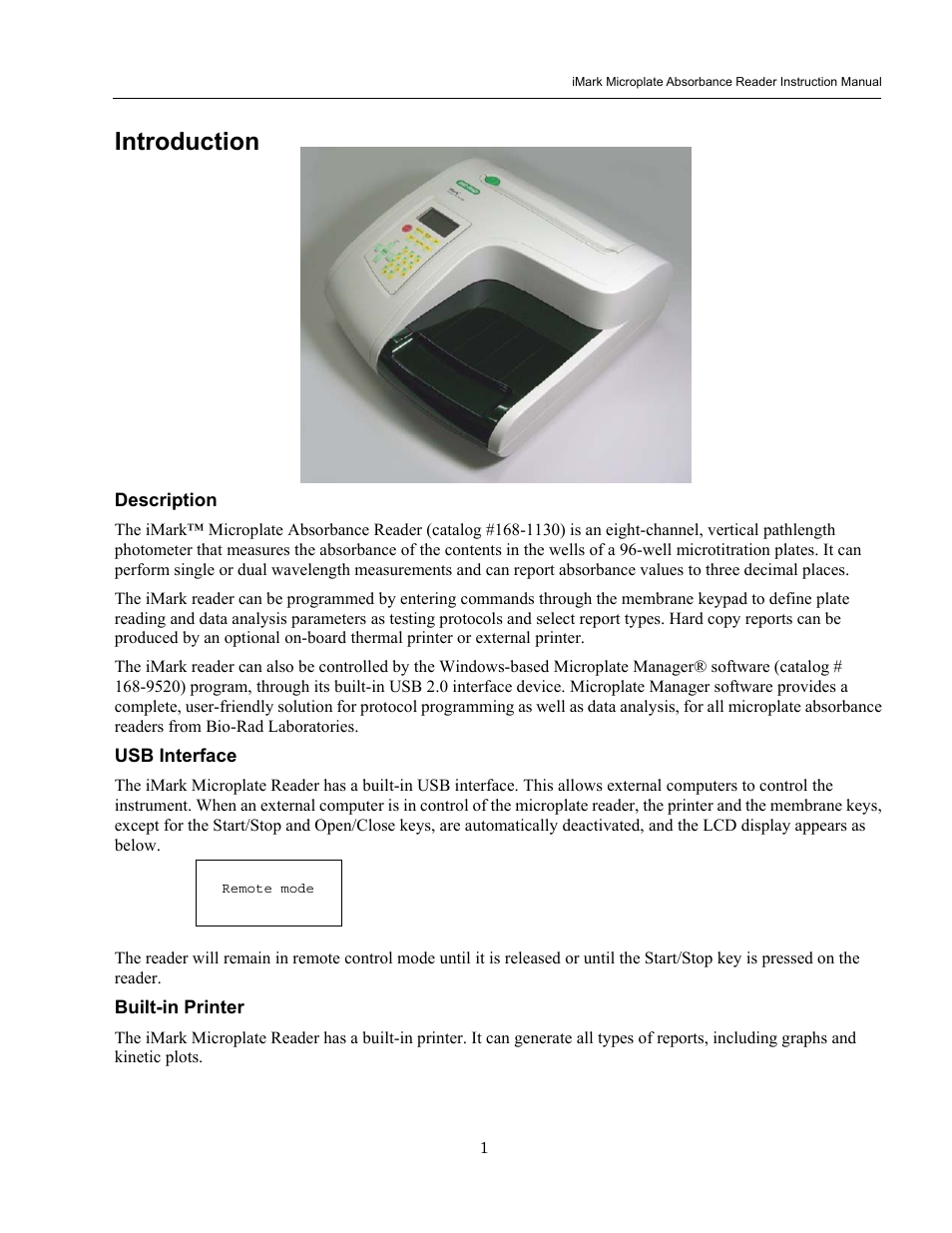 Introduction, Description, Usb interface | Built-in printer | Bio-Rad iMark Microplate Absorbance Reader User Manual | Page 7 / 48