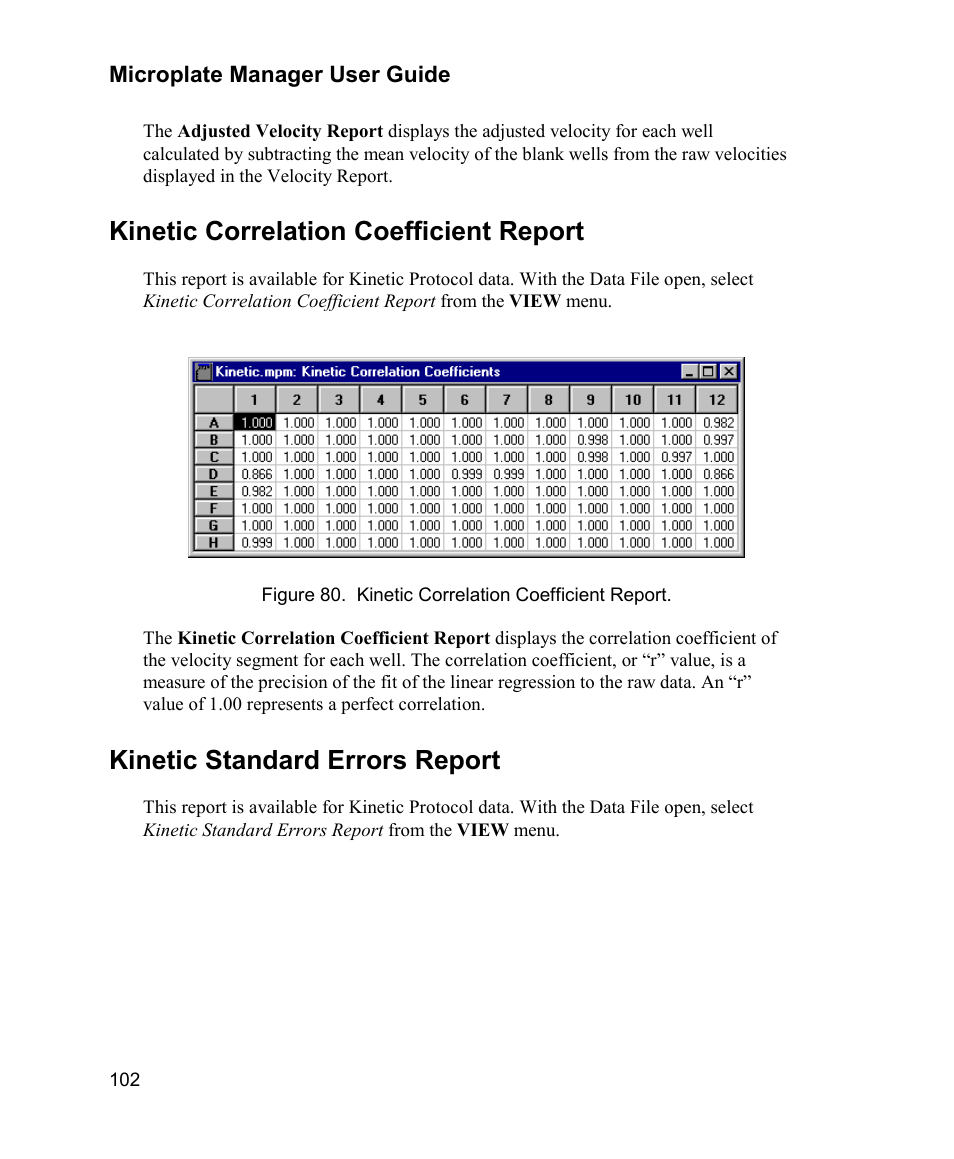 Kinetic correlation coefficient report, Kinetic standard errors report | Bio-Rad Model 680 Microplate Reader Accessories User Manual | Page 110 / 150