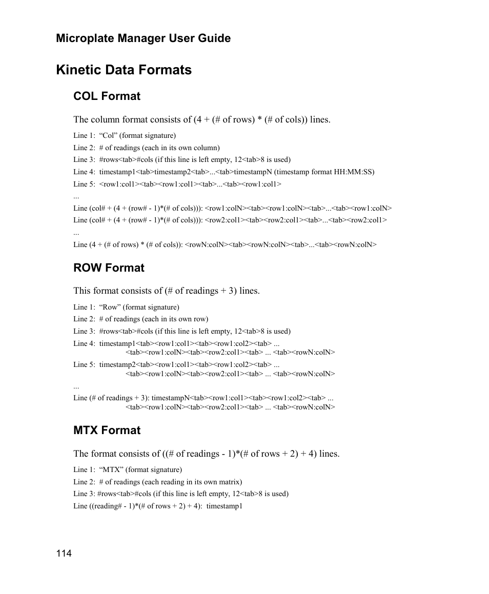 Kinetic data formats, Microplate manager user guide, Col format | Row format, Mtx format | Bio-Rad Model 680 Microplate Reader Accessories User Manual | Page 122 / 150