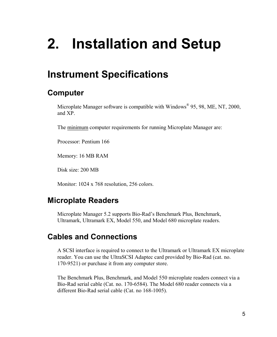 Installation and setup, Instrument specifications, Computer | Microplate readers, Cables and connections | Bio-Rad Model 680 Microplate Reader Accessories User Manual | Page 13 / 150