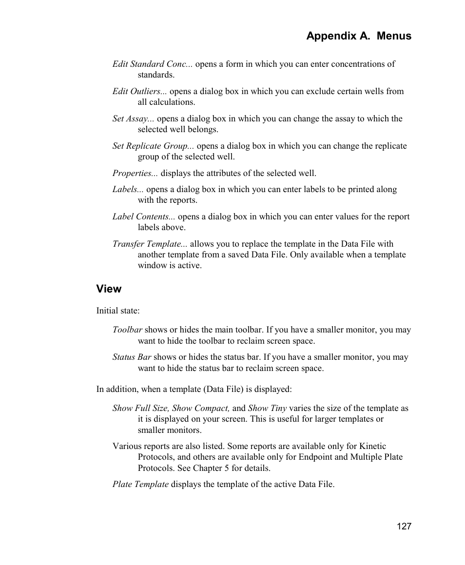 Appendix a. menus, View | Bio-Rad Model 680 Microplate Reader Accessories User Manual | Page 135 / 150