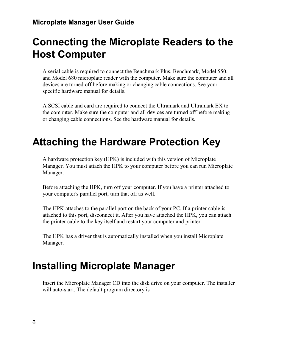 Attaching the hardware protection key, Installing microplate manager, Connecting the microplate readers to the host | Computer | Bio-Rad Model 680 Microplate Reader Accessories User Manual | Page 14 / 150