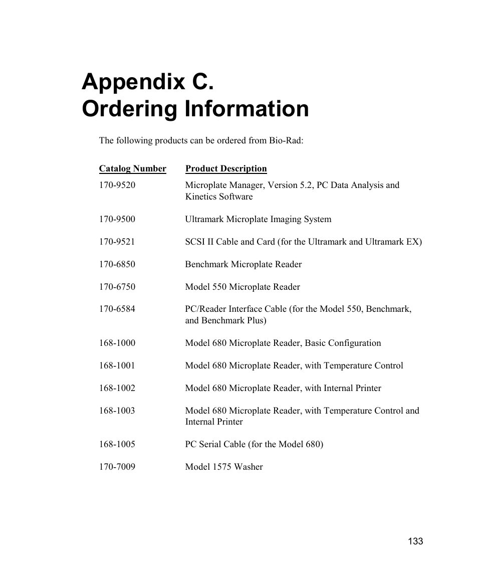 Appendix c. ordering information | Bio-Rad Model 680 Microplate Reader Accessories User Manual | Page 141 / 150