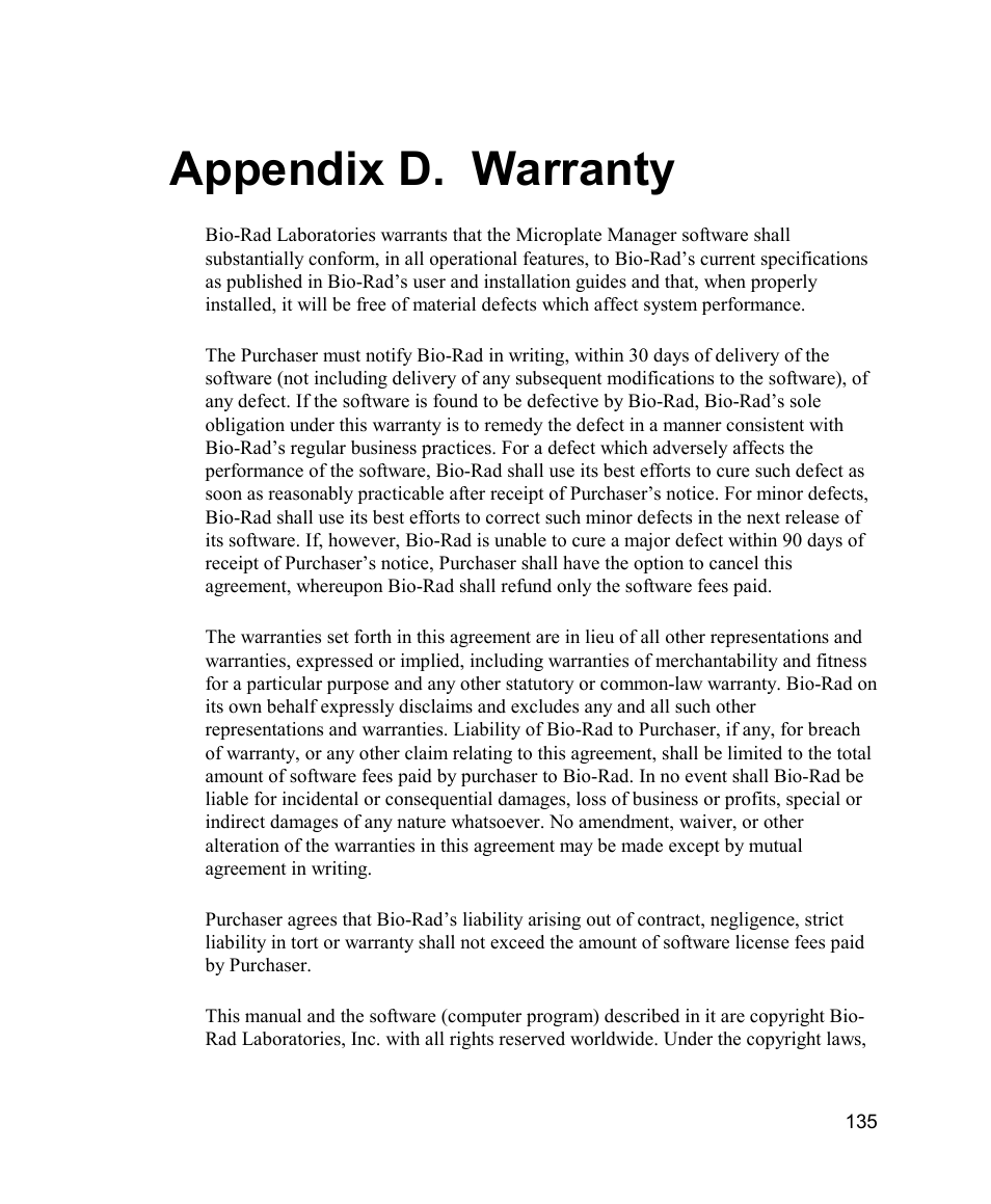 Appendix d. warranty | Bio-Rad Model 680 Microplate Reader Accessories User Manual | Page 143 / 150