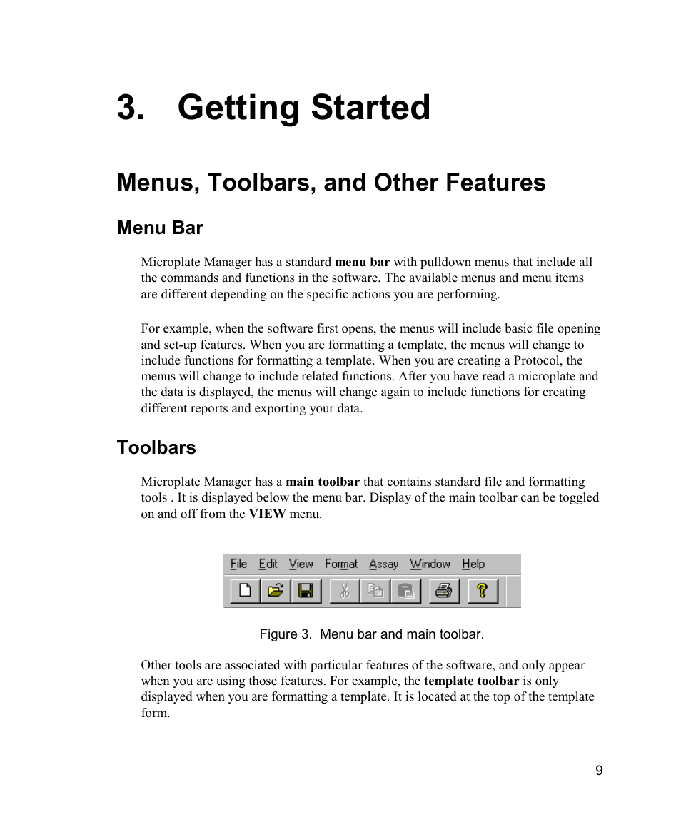 Getting started, Menus, toolbars, and other features, Menu bar | Toolbars | Bio-Rad Model 680 Microplate Reader Accessories User Manual | Page 17 / 150