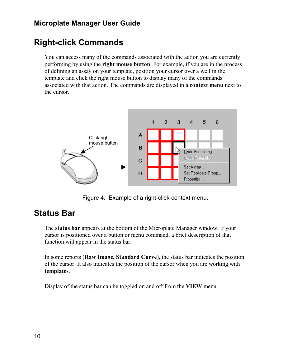 Right-click commands, Status bar | Bio-Rad Model 680 Microplate Reader Accessories User Manual | Page 18 / 150