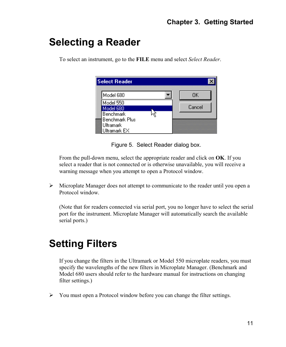 Selecting a reader, Setting filters | Bio-Rad Model 680 Microplate Reader Accessories User Manual | Page 19 / 150