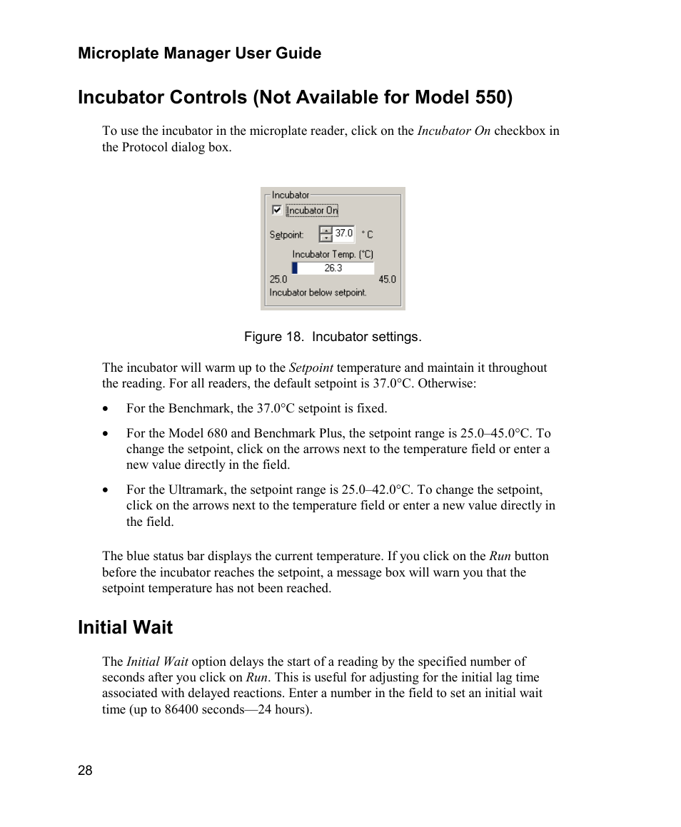 Incubator controls (not available for model 550), Initial wait | Bio-Rad Model 680 Microplate Reader Accessories User Manual | Page 36 / 150